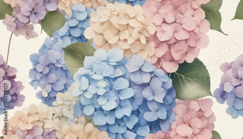 Beautiful watercolor hydrangeas in pink, blue, and cream tones, floral arrangement, copy space