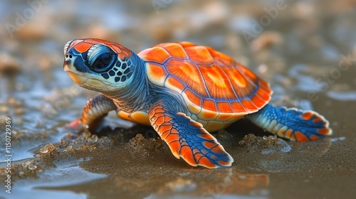 Colorful baby turtle making its way across wet sand on a sunny day