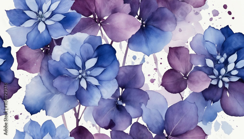 Vibrant watercolor hydrangeas in blue and purple tones, artistic floral pattern, copy space