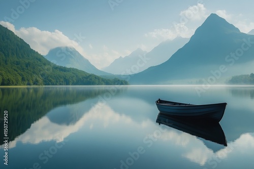 Serene boat on calm lake surrounded by mountains on a misty autumn morning