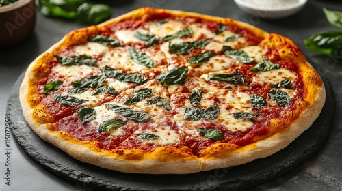 Delicious fresh-baked pizza topped with olives, vegetables, and herbs on a st...