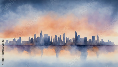 Stunning watercolor city skyline at sunset, orange and blue tones, artistic urban landscape, copy space