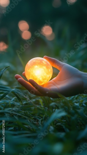 Holding a glowing sphere of light in a lush green forest during sunset