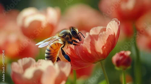 Close-up of a honeybee gathering nectar from a yellow flower on a sunny day i...