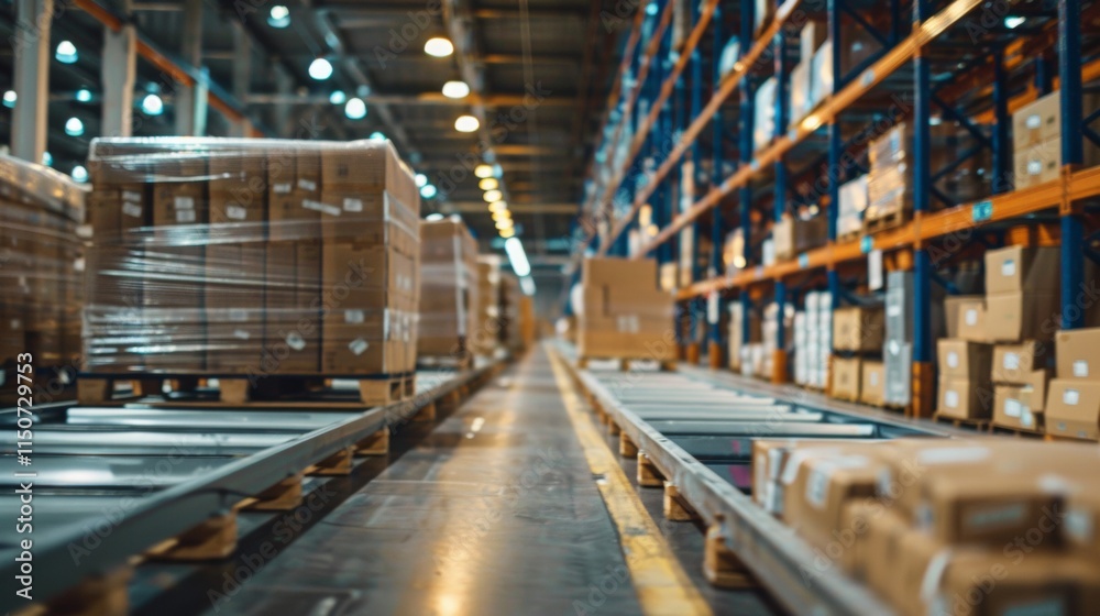 Warehouse conveyor belt with moving packages Warehouse conveyor belt with moving packages