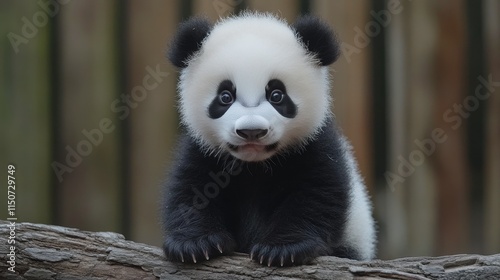 Cute panda cub sitting on a tree branch in a natural habitat during daytime