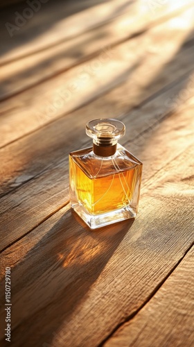 Elegant perfume bottle on wooden table in sunlit room with flowers and soft s...