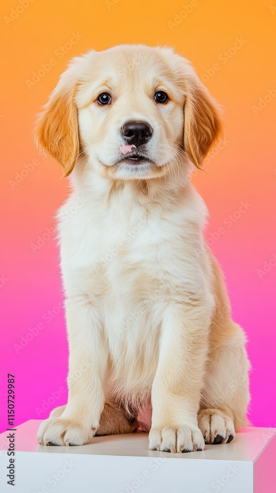 Golden retriever puppy on white table with pink background Golden retriever puppy on white table with pink background