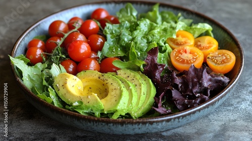 Fresh salad with avocado, cherry tomatoes, and mixed greens in a rustic bowl