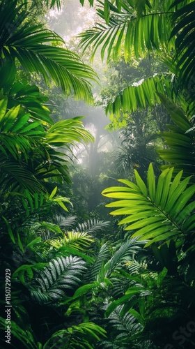 Lush green rainforest with dappled sunlight filtering through tall trees in a...