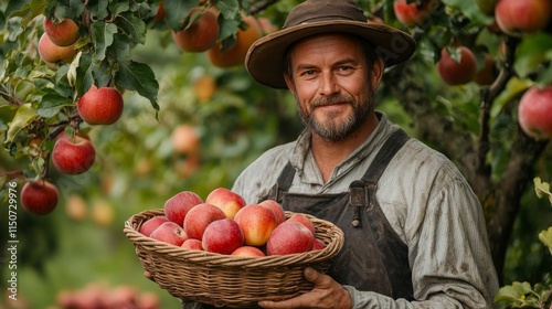 Smiling farmer harvesting apples in a sunlit orchard during autumn season