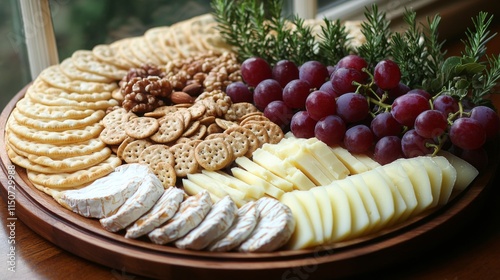 Cheeseboard featuring a variety of crackers, nuts, and grapes arranged beauti...