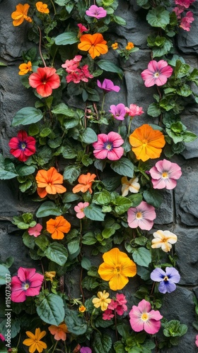 Colorful floral wall design with vibrant blooms in various shades of orange, ...