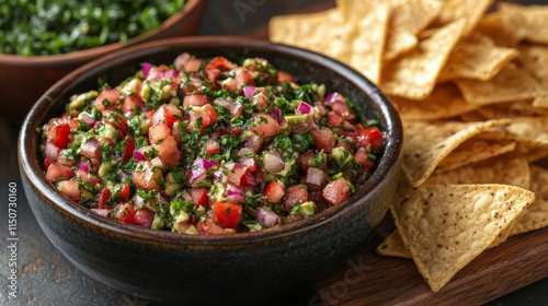 Fresh salsa and crispy tortilla chips served on a wooden table with herbs and...