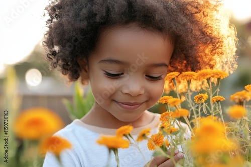 Young child joyfully exploring a vibrant garden filled with blooming yellow flowers during golden hour photo