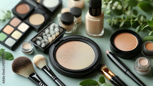 Essentials for a flawless makeup application with brushes and cosmetics arran...
