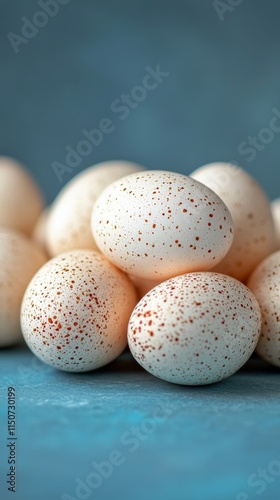 Fresh speckled eggs arranged on a blue surface in a casual and artistic manner