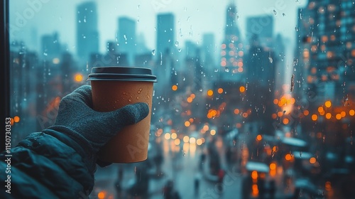 Enjoying warm coffee while gazing at a vibrant city skyline during twilight