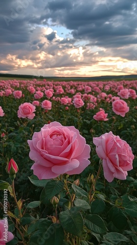 Stunning field of pink roses under a dramatic sky in a rural landscape