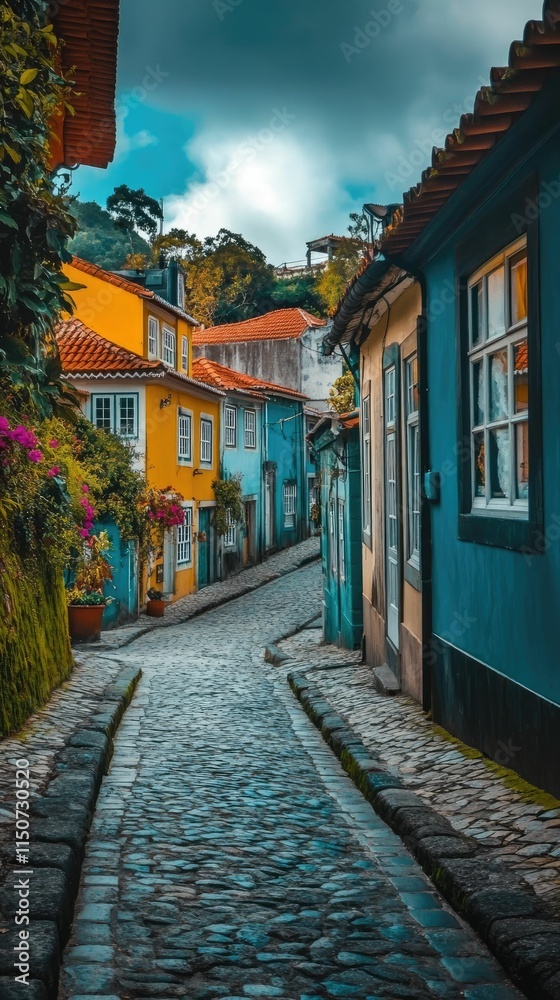 Fototapeta premium Cobblestone street, colorful houses, lush greenery.