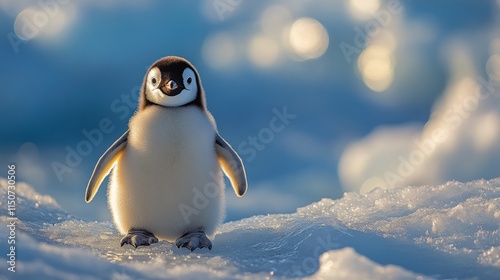 Adorable penguin chick standing on ice in a chilly environment captured durin...
