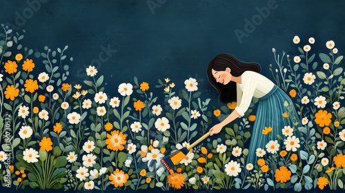 Gardener tending to flowers in a serene courtyard filled with greenery and su...