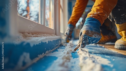 Hand applying yellow sealant to wooden surface for weatherproofing at constru...