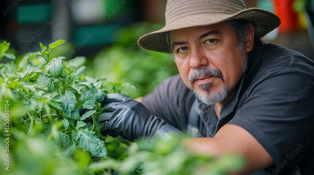 Skilled gardener tending to mint plants in an urban garden environment Skilled gardener tending to mint plants in an urban garden environment