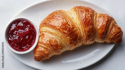 Freshly baked croissant served with fruit preserves in a cozy cafe setting