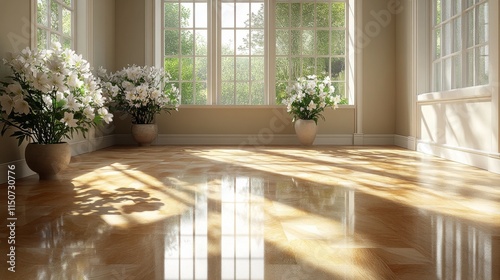Sunlight streaming into a hallway with plants and wooden flooring in a bright...