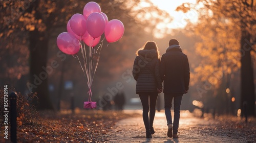 Romantic walk at sunset with balloons in a park