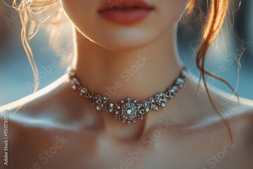 Elegant choker adorns womans neck in soft sunlight near a vibrant background
