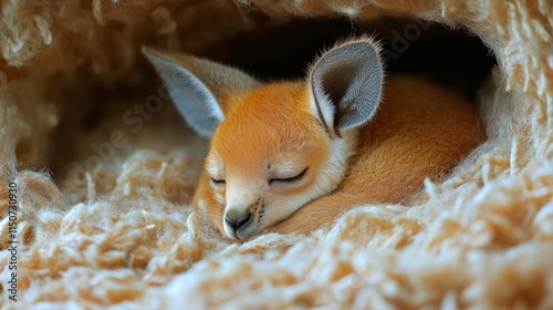 Kangaroo joey resting comfortably in soft bedding during a peaceful moment