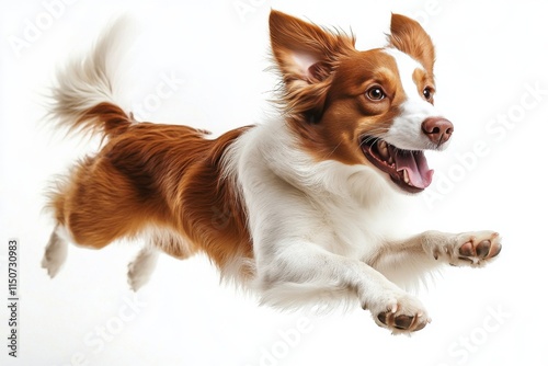 Happy dog jumping in the park during autumn with colorful leaves in the backg...