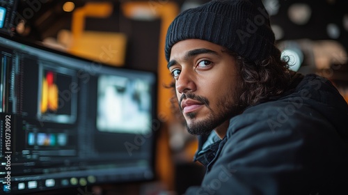 Man working diligently on editing graphics in a modern studio late at night