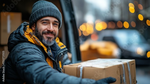 Delivery worker smiles while carrying package towards van in busy urban envir...