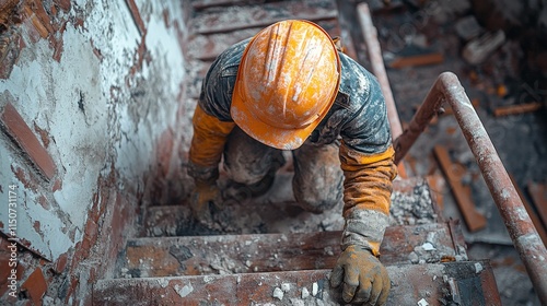 Construction worker climbing stairs in a dilapidated building during daytime hours photo