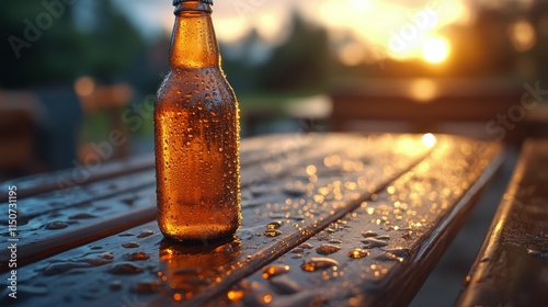 Refreshing bottle of cold beverage at sunset on wooden table in nature