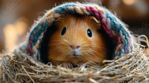 Cute small rodent peeking from its cozy nest with curious expression during t...