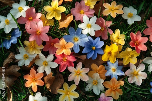 Colorful wildflowers blooming on lush green grass in a serene outdoor space d...