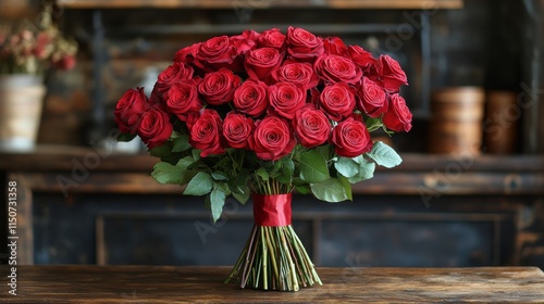 Stunning bouquet of red roses arranged beautifully on wooden surface