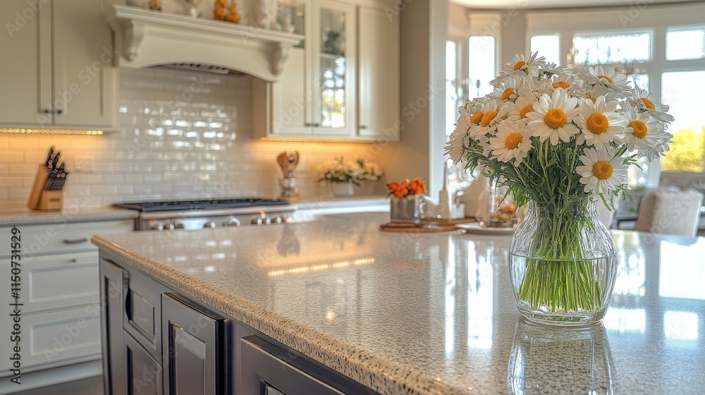 Bright kitchen with daisies in a vase and afternoon sunlight streaming through the window Bright kitchen with daisies in a vase and afternoon sunlight streaming through the window