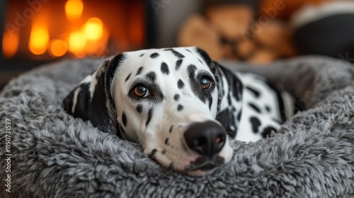 Dalmatian dog relaxing in cozy bed by the fireplace during a calm evening