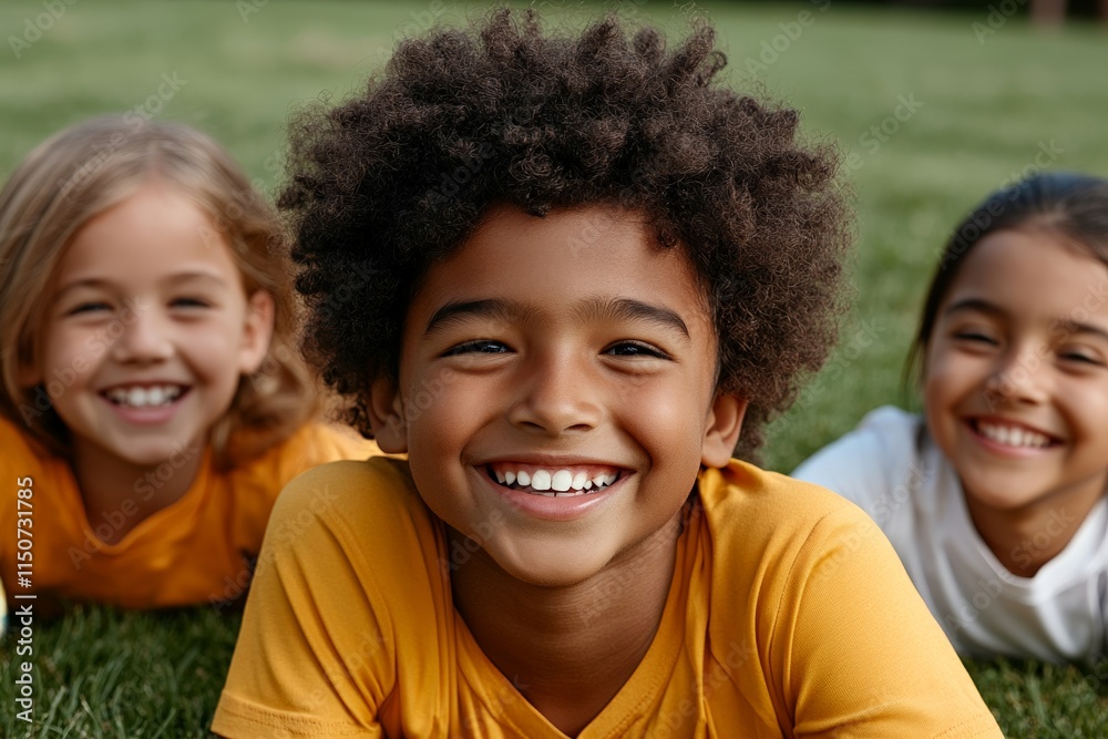 Children enjoying a sunny day outdoors, laughing and playing on the grass in a park setting Children enjoying a sunny day outdoors, laughing and playing on the grass in a park setting