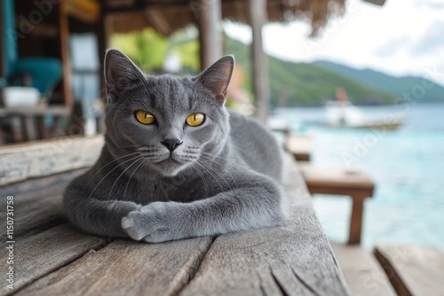 Gray cat with striking orange eyes resting on a weathered wooden surface in n...