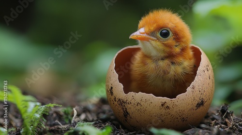 Baby bird hatching from egg in lush green environment during daylight