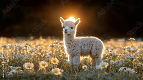Cute baby alpaca standing in a field of flowers during sunset with warm light
