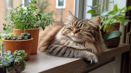 Cat resting peacefully on a windowsill near potted plants in a cozy indoor se...