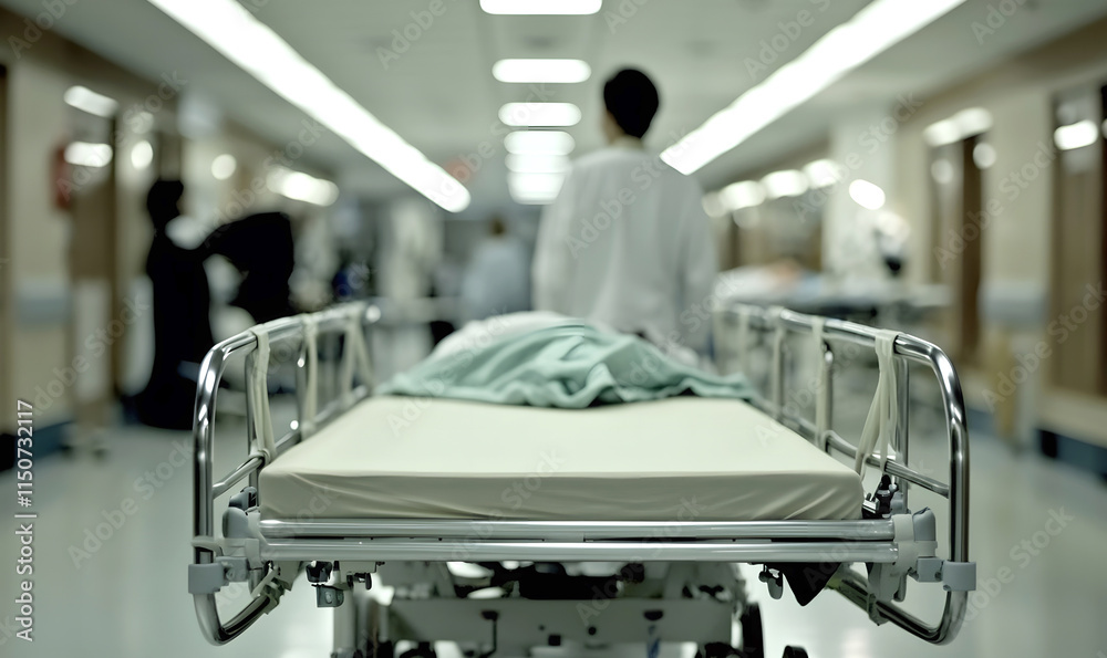 Fototapeta premium Medical gurney in a hospital corridor with defocused background