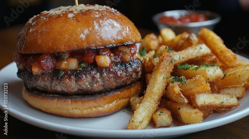 Juicy burger with crispy fries served at a casual dining restaurant during lu...